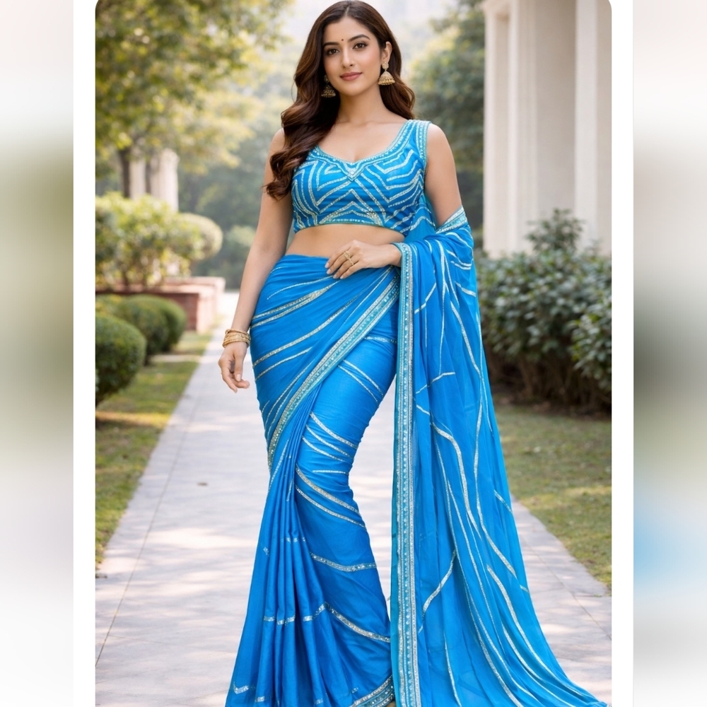 Aqua Blue & Sequence Shimmer Punjabi Indian Saree - Small Like New